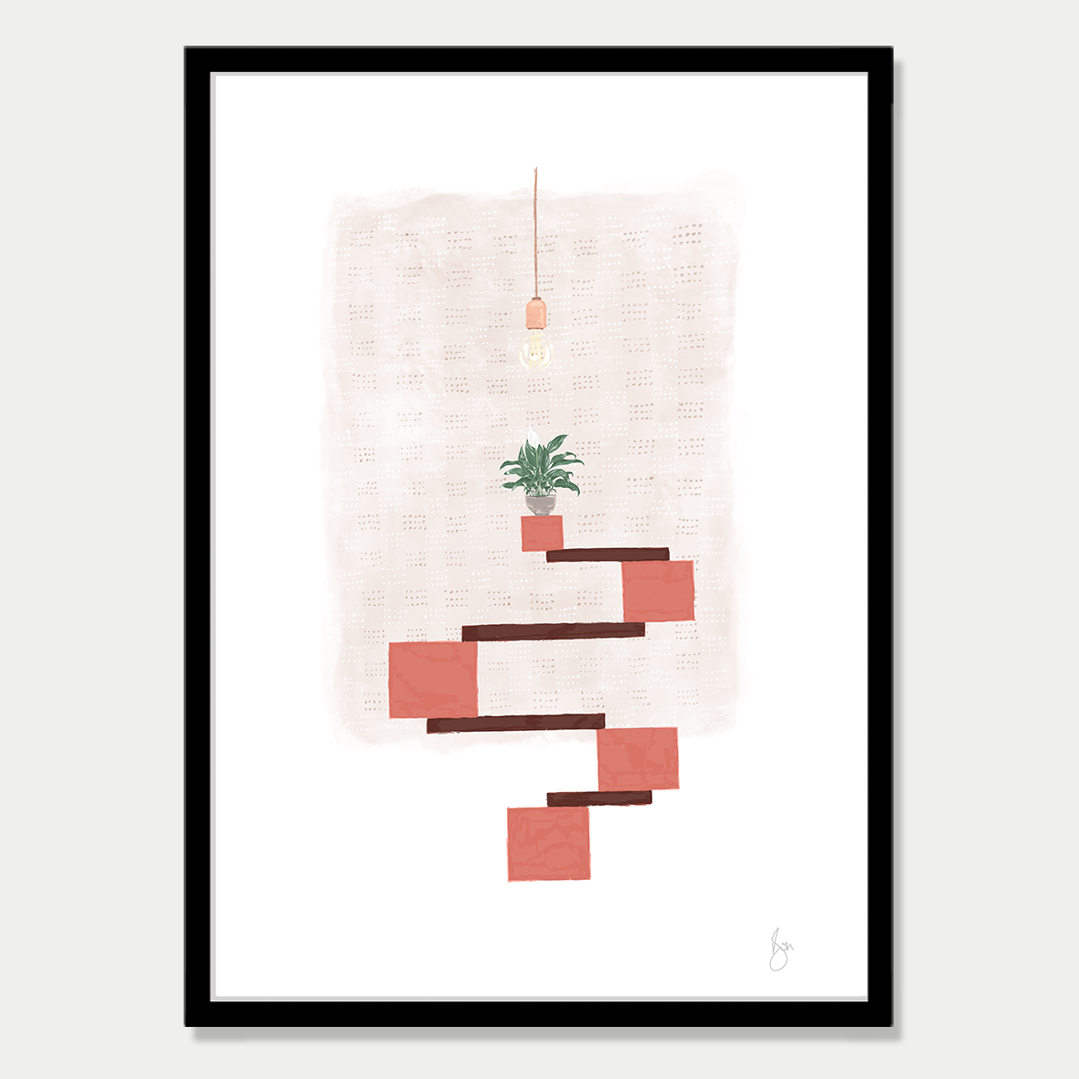 Art print of several blocks balancing with a peace lily sitting on top and a light blub hanging from above, in soft autumn colour palette by Bon Jung. Printed in New Zealand by endemicworld and framed in black.