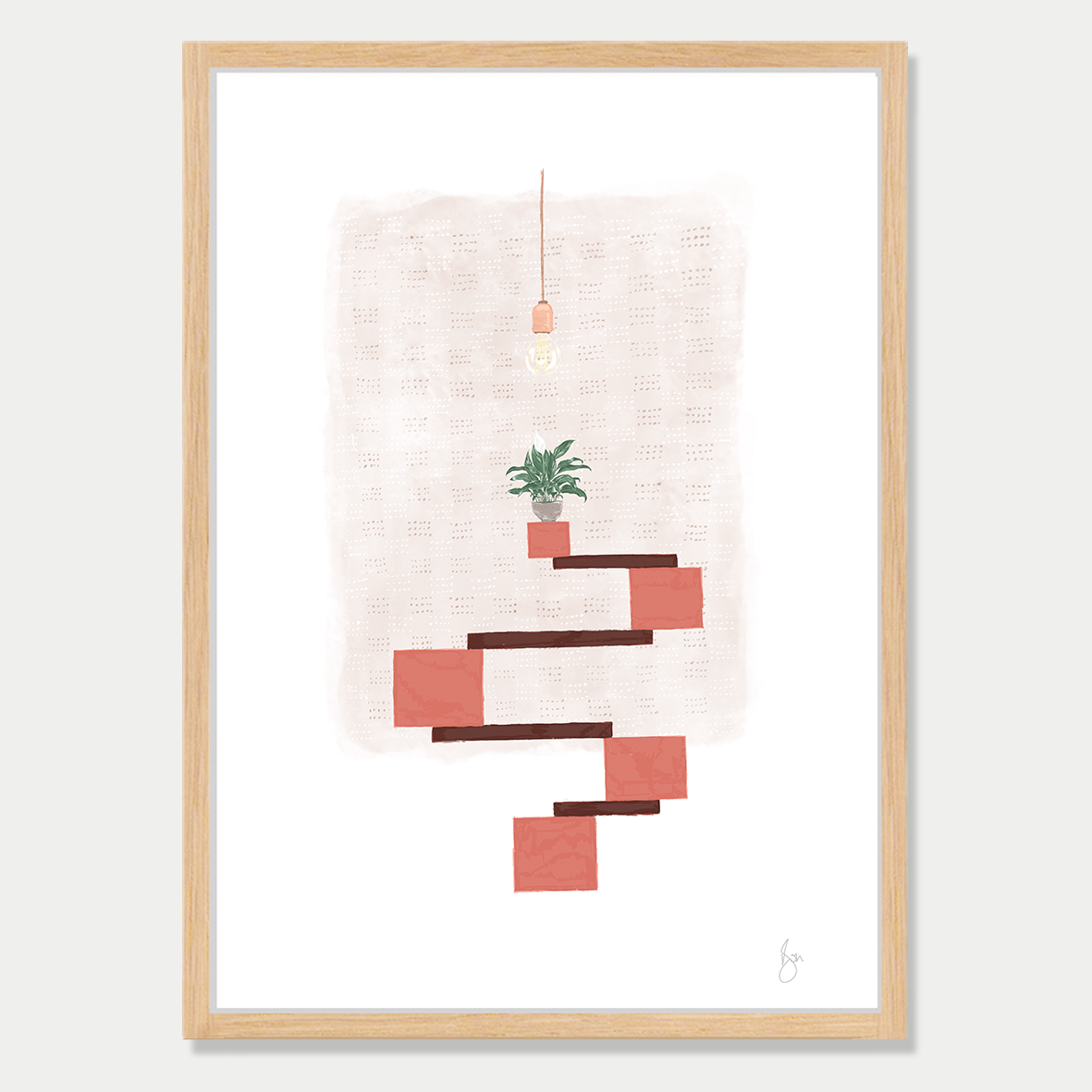 Art print of several blocks balancing with a peace lily sitting on top and a light blub hanging from above, in soft autumn colour palette by Bon Jung. Printed in New Zealand by endemicworld and framed in raw oak.