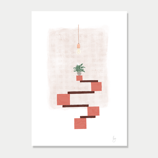 Art print of several blocks balancing with a peace lily sitting on top and a light blub hanging from above, in soft autumn colour palette by Bon Jung. Printed in New Zealand by endemicworld.