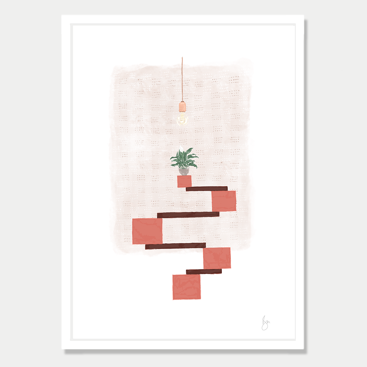 Art print of several blocks balancing with a peace lily sitting on top and a light blub hanging from above, in soft autumn colour palette by Bon Jung. Printed in New Zealand by endemicworld and framed in white.