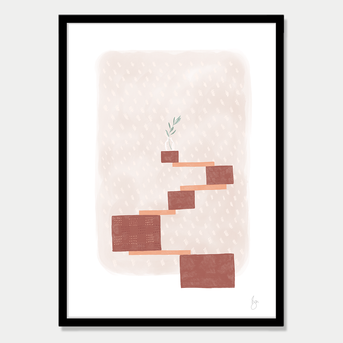 Art print of several blocks balancing with a olive branch in a vase sitting on top, in soft autumn colour palette by Bon Jung. Printed in New Zealand by endemicworld and framed in black