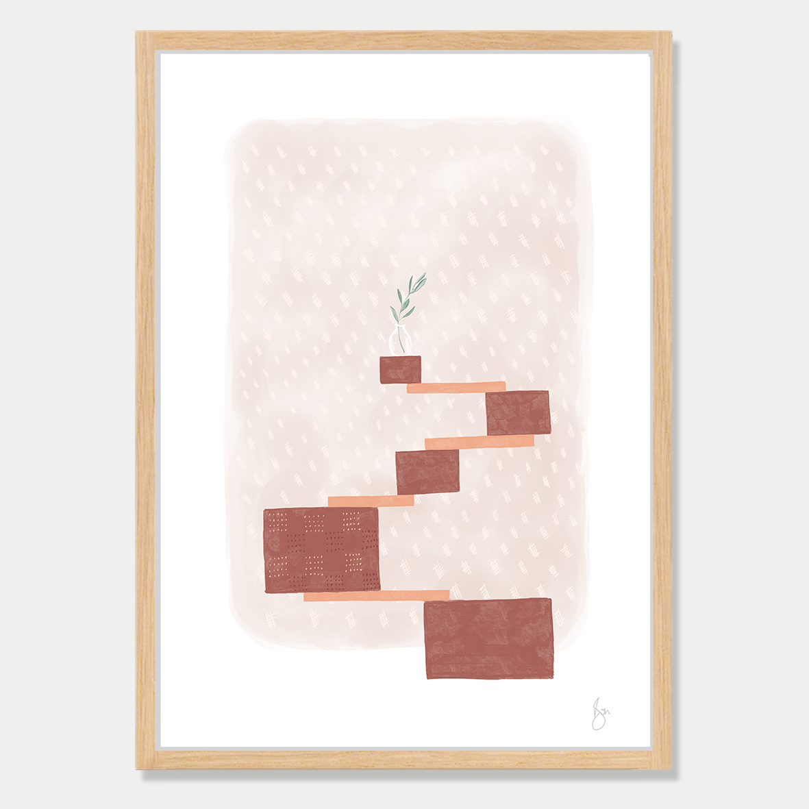 Art print of several blocks balancing with a olive branch in a vase sitting on top, in soft autumn colour palette by Bon Jung. Printed in New Zealand by endemicworld and framed in raw oak.