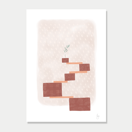 Art print of several blocks balancing with a olive branch in a vase sitting on top, in soft autumn colour palette by Bon Jung. Printed in New Zealand by endemicworld.
