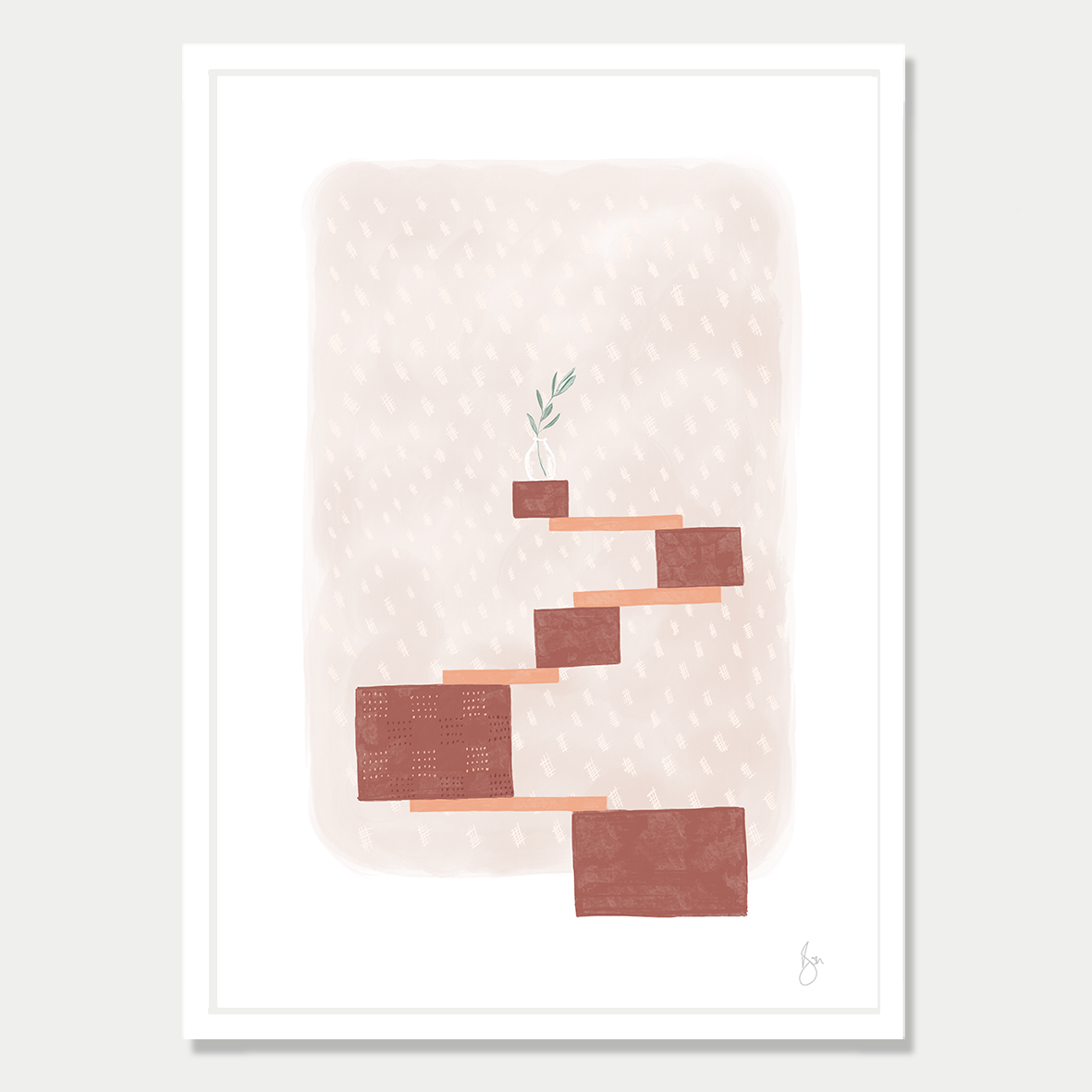 Art print of several blocks balancing with a olive branch in a vase sitting on top, in soft autumn colour palette by Bon Jung. Printed in New Zealand by endemicworld and framed in white.