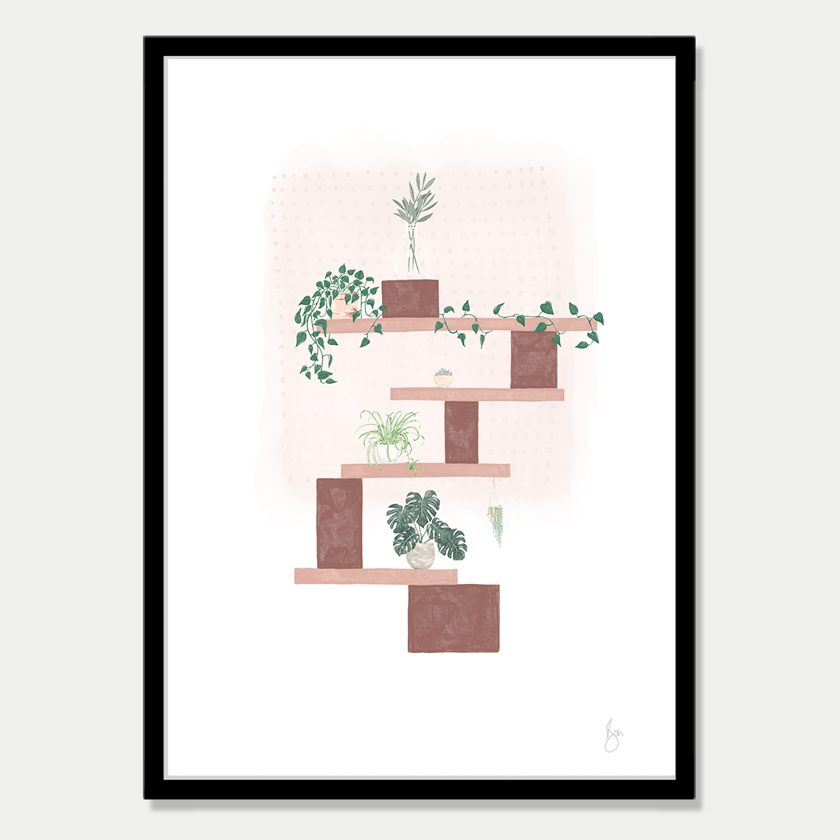 Art print of several blocks balancing with different plants at each level, in a soft autumn colour palette by Bon Jung. Printed in New Zealand by endemicworld and framed in black.