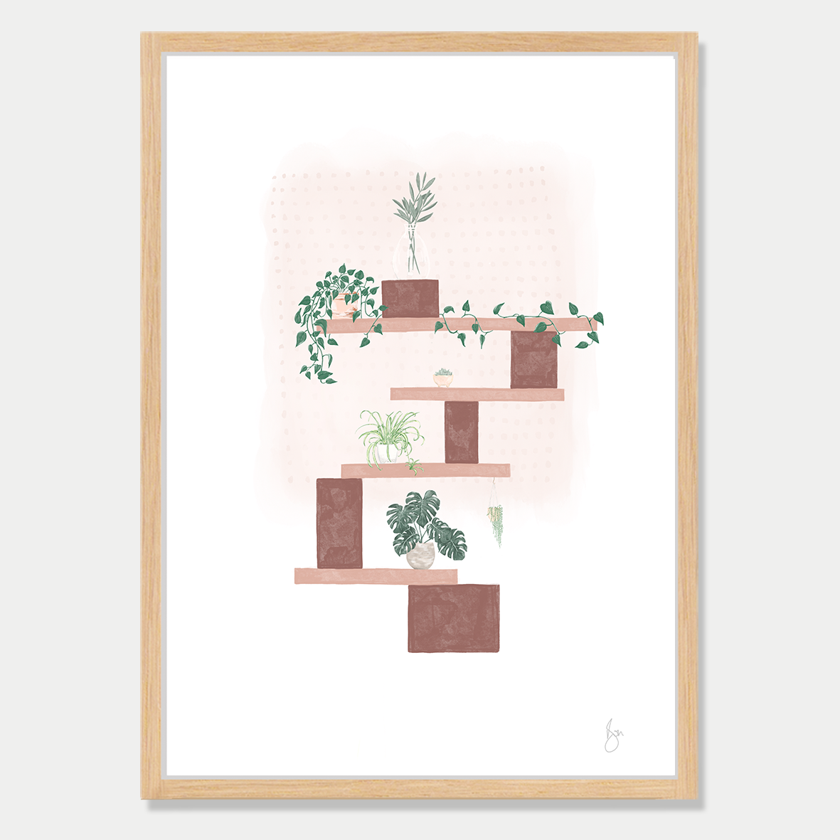 Art print of several blocks balancing with different plants at each level, in a soft autumn colour palette by Bon Jung. Printed in New Zealand by endemicworld and framed in raw oak.