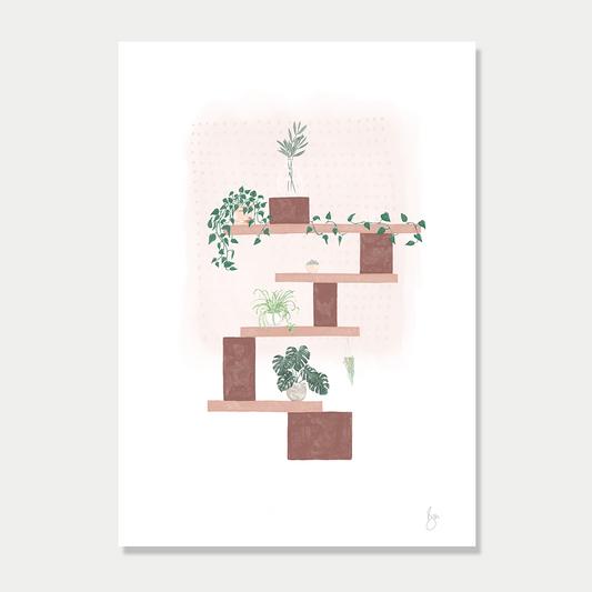 Art print of several blocks balancing with different plants at each level, in a soft autumn colour palette by Bon Jung. Printed in New Zealand by endemicworld.