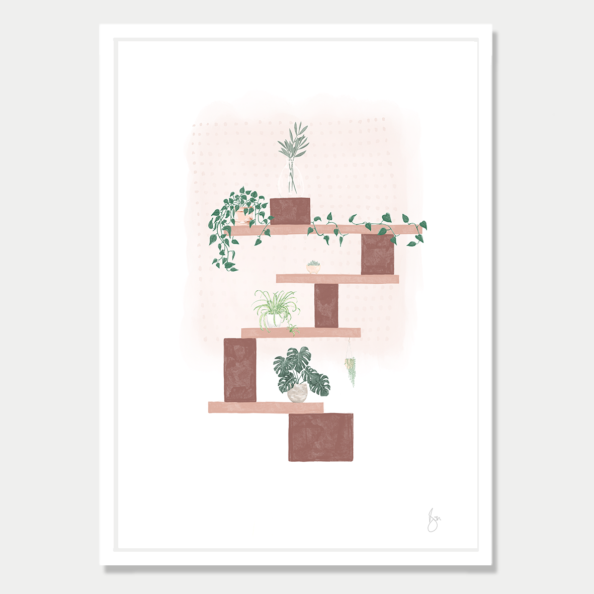 Art print of several blocks balancing with different plants at each level, in a soft autumn colour palette by Bon Jung. Printed in New Zealand by endemicworld and framed in white.
