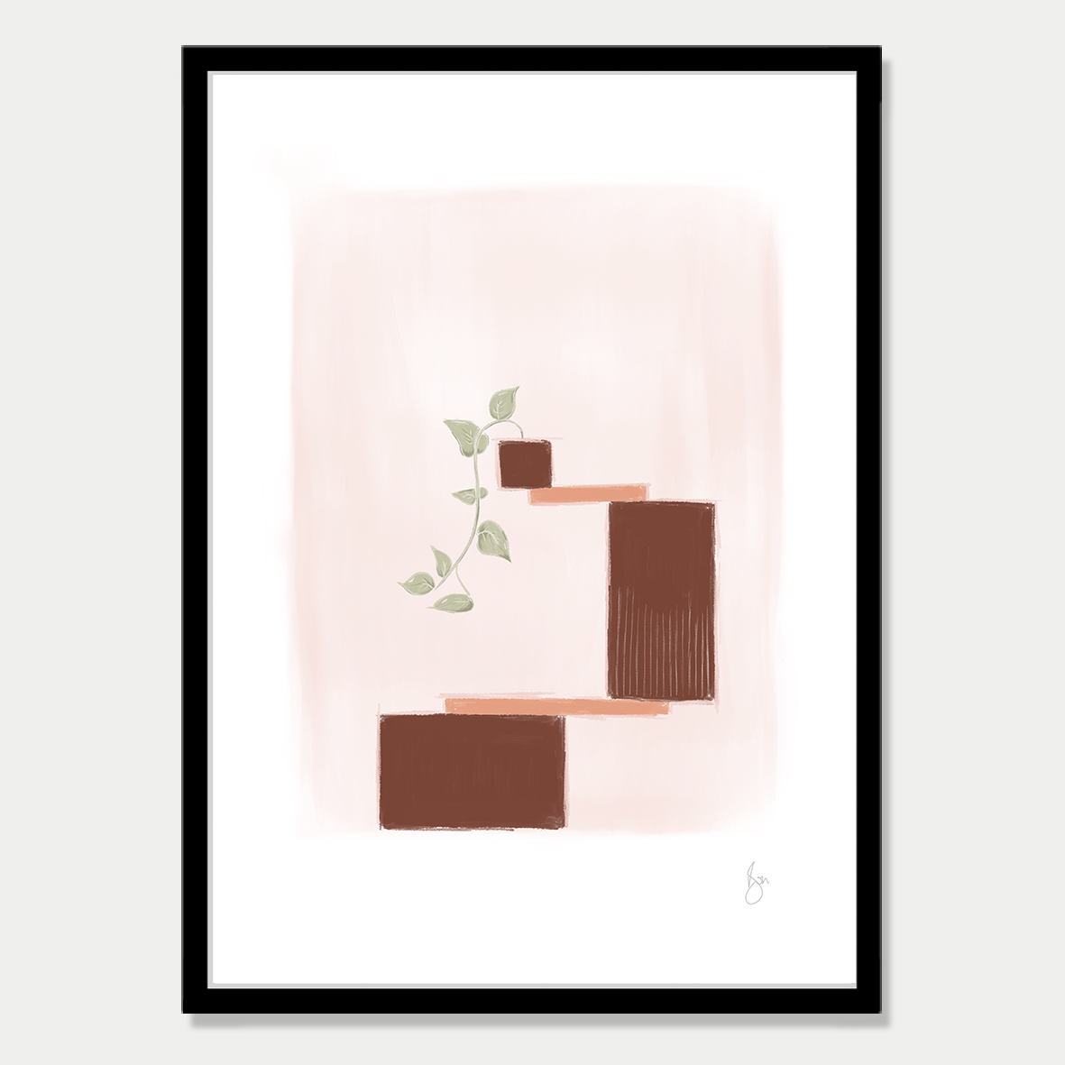 Art print of several blocks balancing with a single vine growing from the top block, in a soft autumn colour palette by Bon Jung. Printed in New Zealand by endemicworld and framed in black.