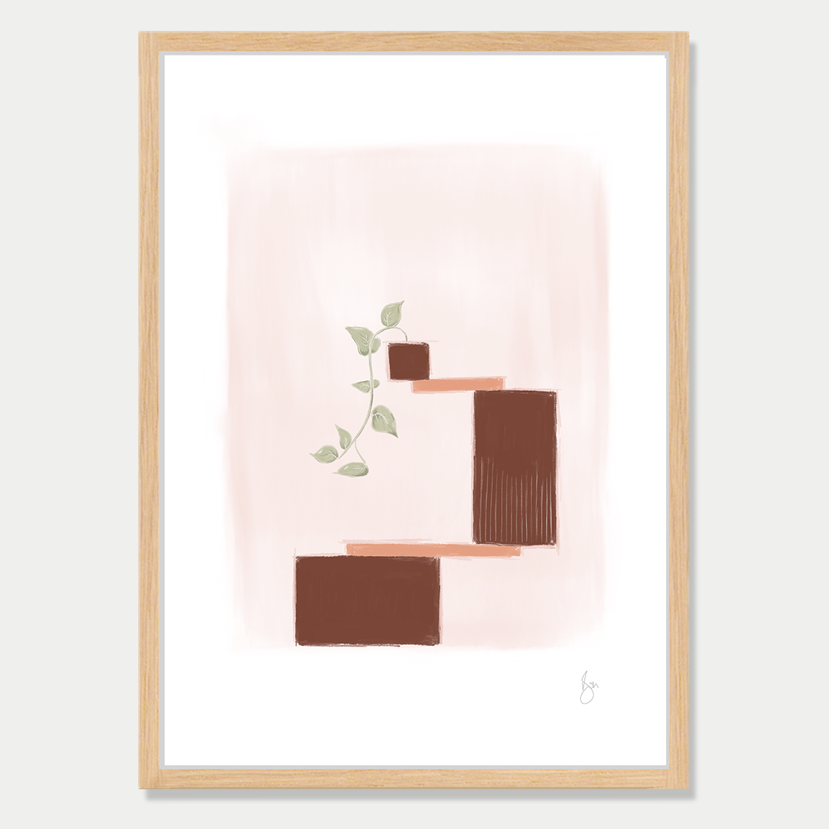 Art print of several blocks balancing with a single vine growing from the top block, in a soft autumn colour palette by Bon Jung. Printed in New Zealand by endemicworld and framed in raw oak.