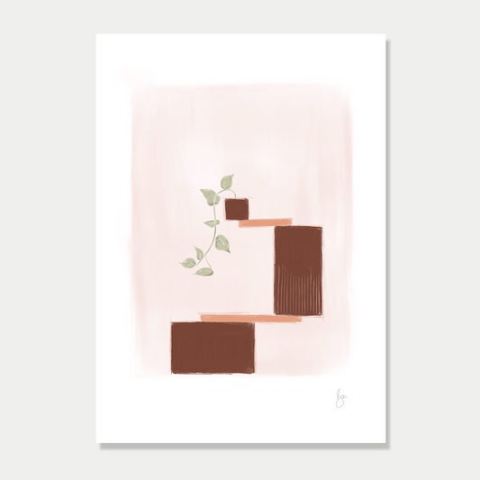 Art print of several blocks balancing with a single vine growing from the top block, in a soft autumn colour palette by Bon Jung. Printed in New Zealand by endemicworld.