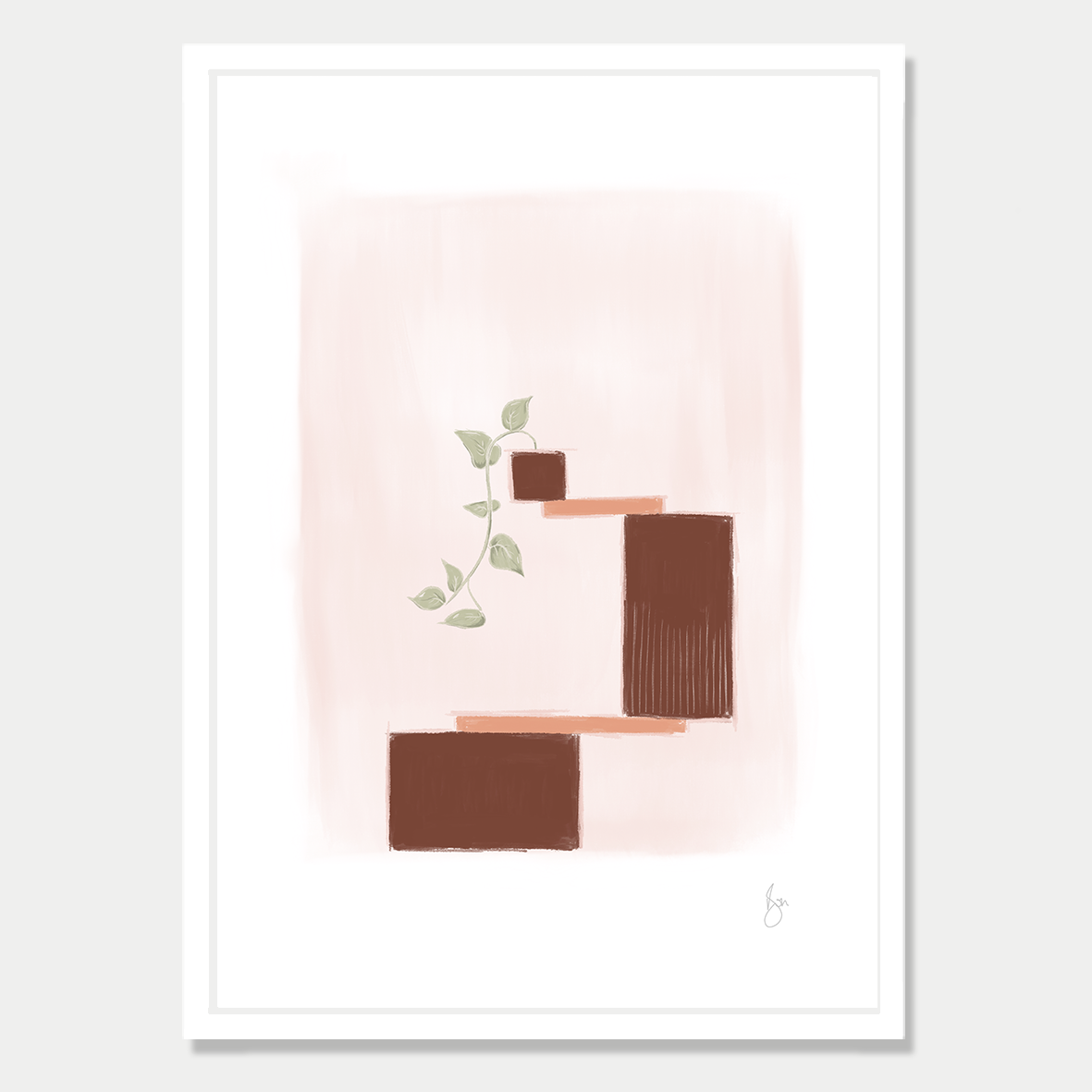 Art print of several blocks balancing with a single vine growing from the top block, in a soft autumn colour palette by Bon Jung. Printed in New Zealand by endemicworld and framed in white.