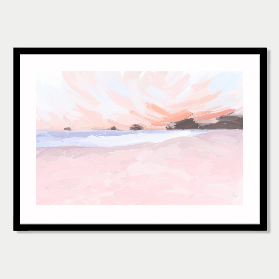 This art print is a still life of a beach in New Zealand, with colours inspired by the light at dusk and dawn, by Bon Jung. Printed in New Zealand by endemicworld and framed in black.