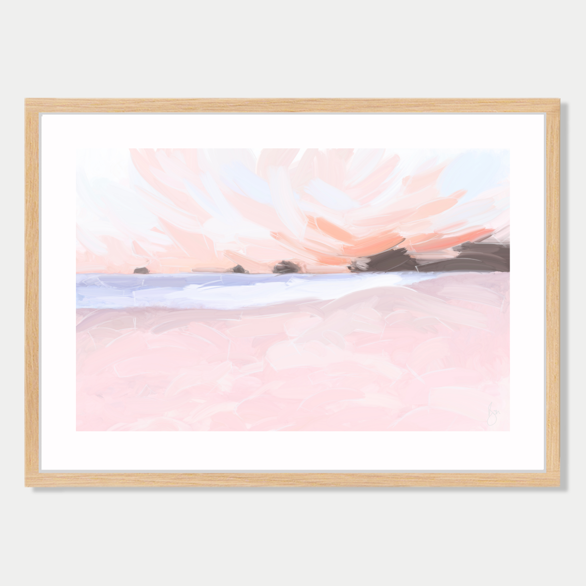 This art print is a still life of a beach in New Zealand, with colours inspired by the light at dusk and dawn, by Bon Jung. Printed in New Zealand by endemicworld and framed in raw oak.