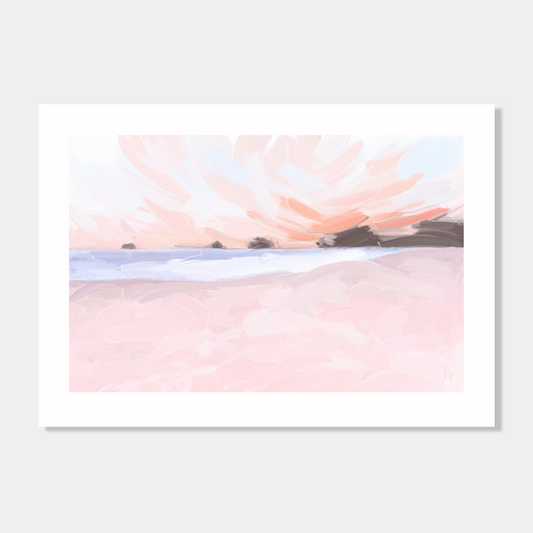 This art print is a still life of a beach in New Zealand, with colours inspired by the light at dusk and dawn, by Bon Jung. Printed in New Zealand by endemicworld.
