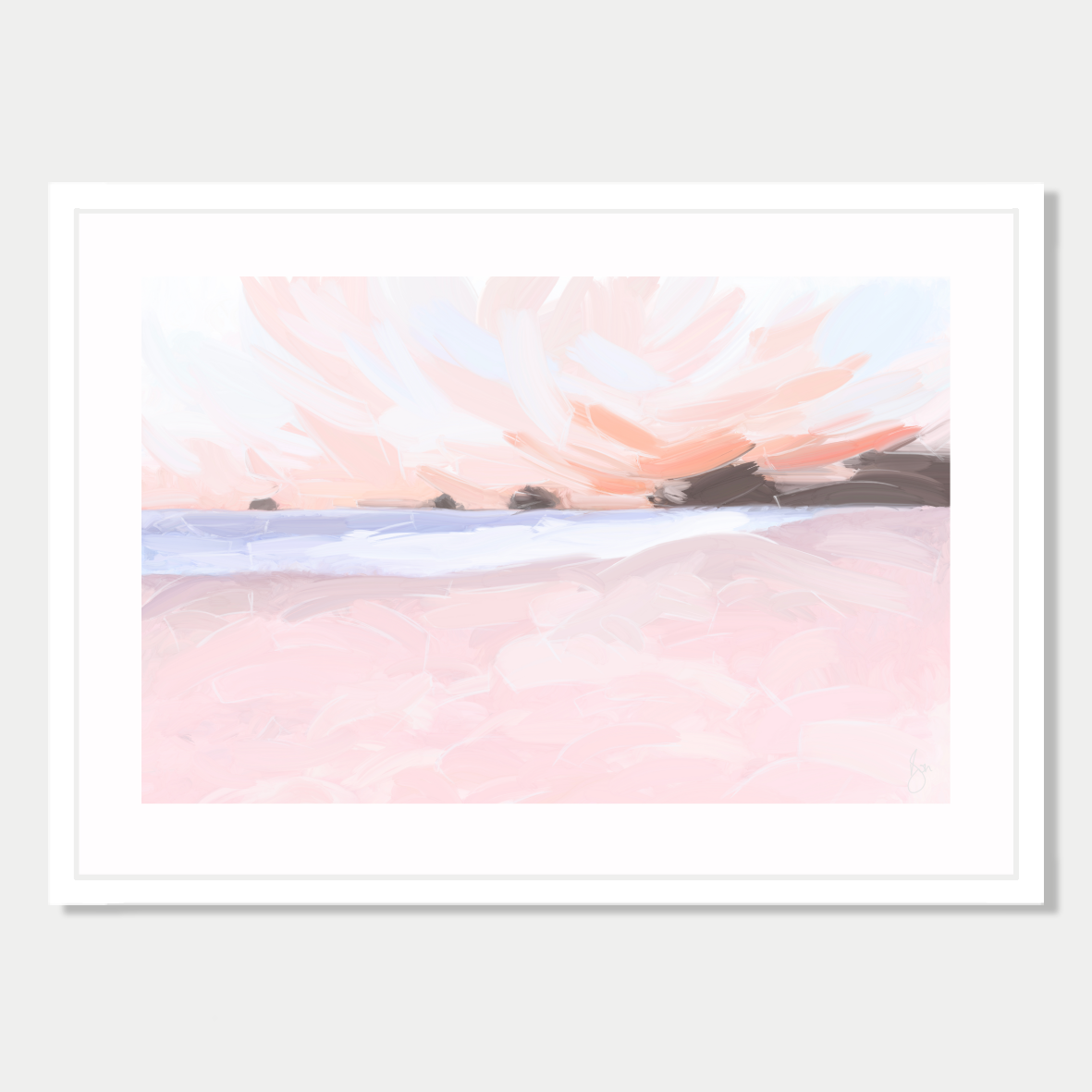 This art print is a still life of a beach in New Zealand, with colours inspired by the light at dusk and dawn, by Bon Jung. Printed in New Zealand by endemicworld and framed in white.