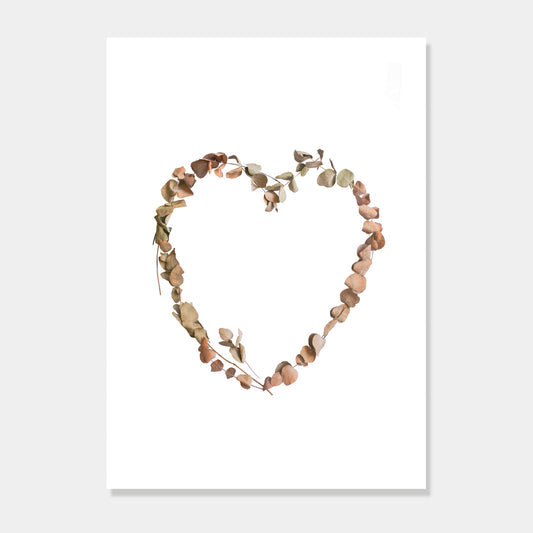 Photographic art print of dried leaves in a heart shape by Bon Jung. Printed in New Zealand by endemicworld.