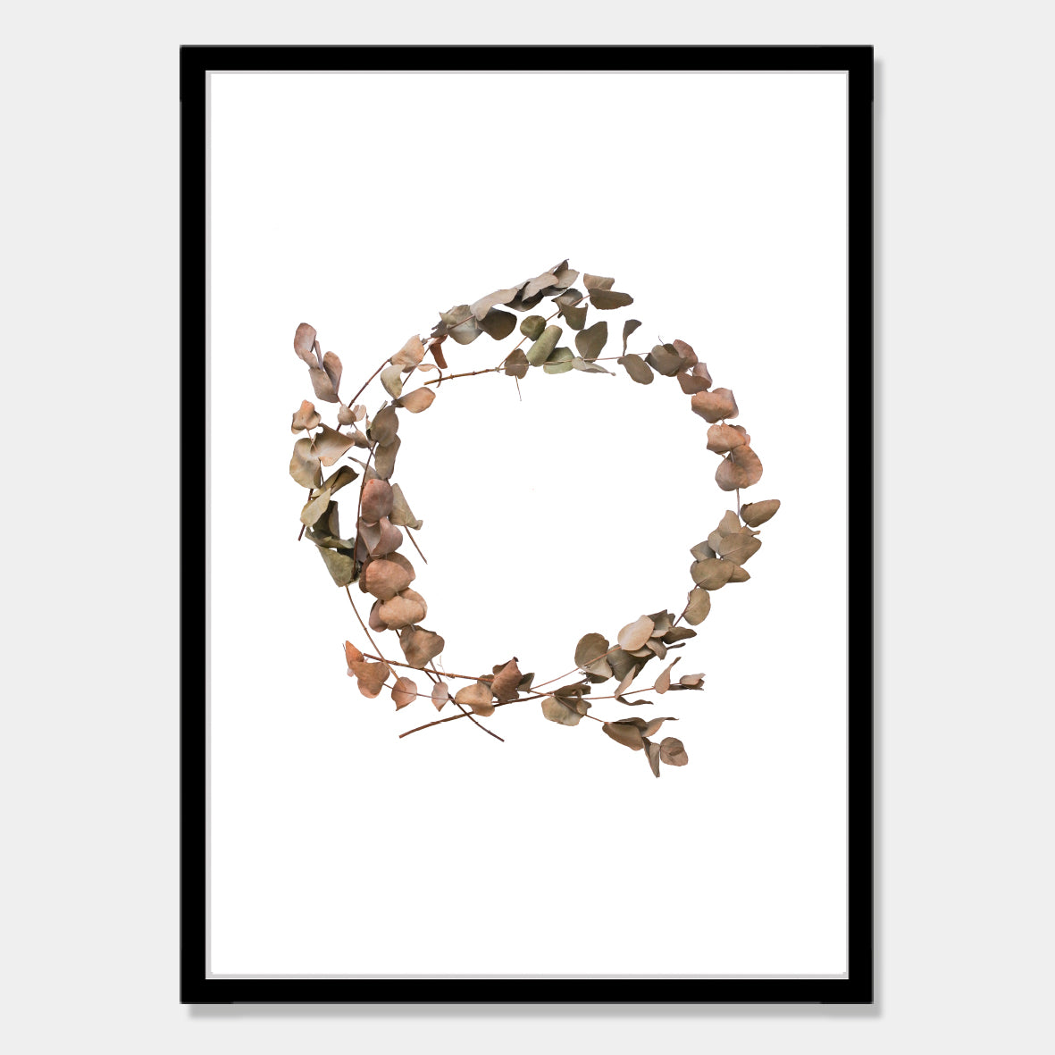 Photographic art print of dried leaves in a o shape by Bon Jung. Printed in New Zealand by endemicworld and framed in Black.