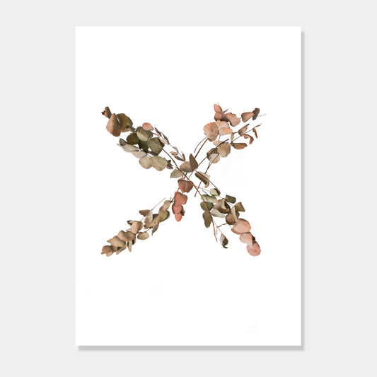 Photographic art print of dried leaves in a X shape by Bon Jung. Printed in New Zealand by endemicworld.