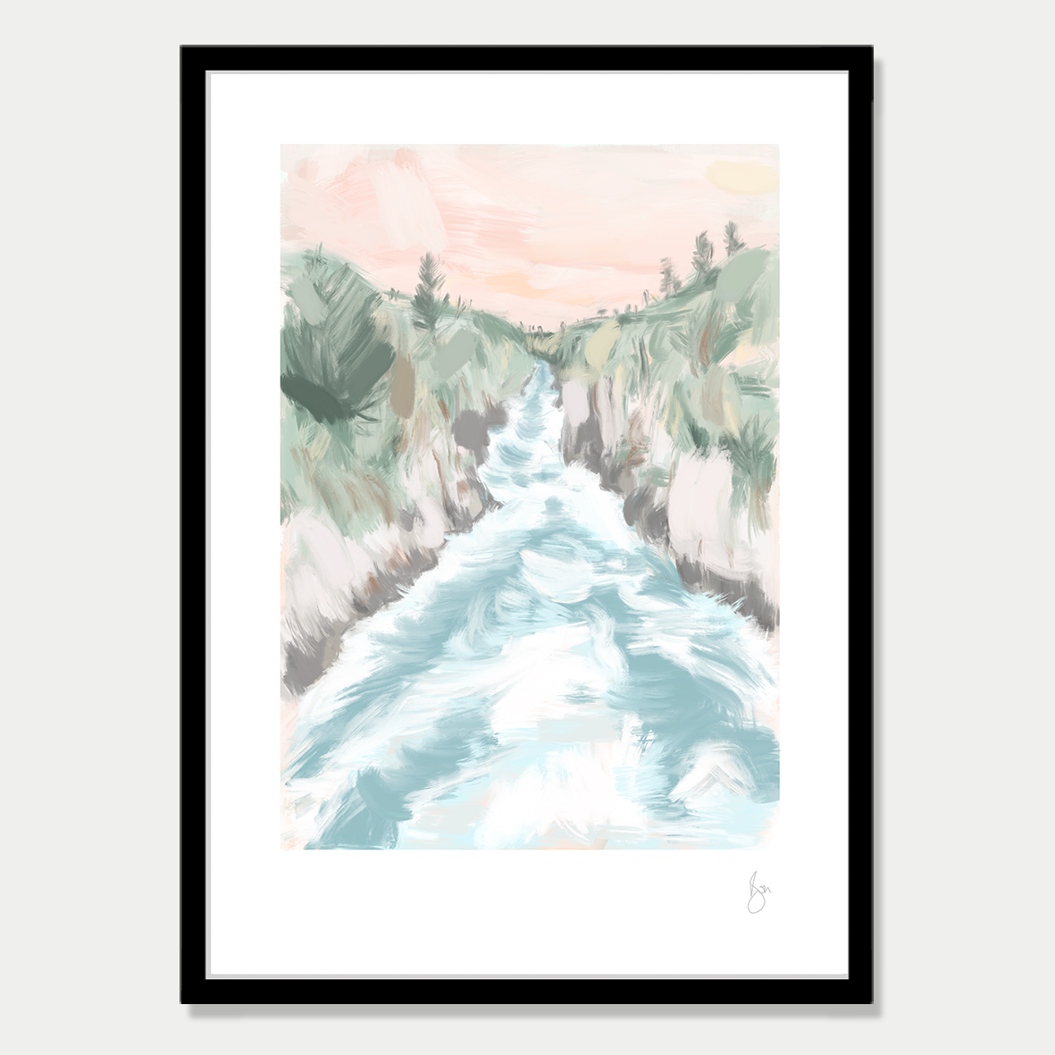 This art print is a still life of a the Huka Falls in New Zealand, by Bon Jung. Printed in New Zealand by endemicworld and framed in black.