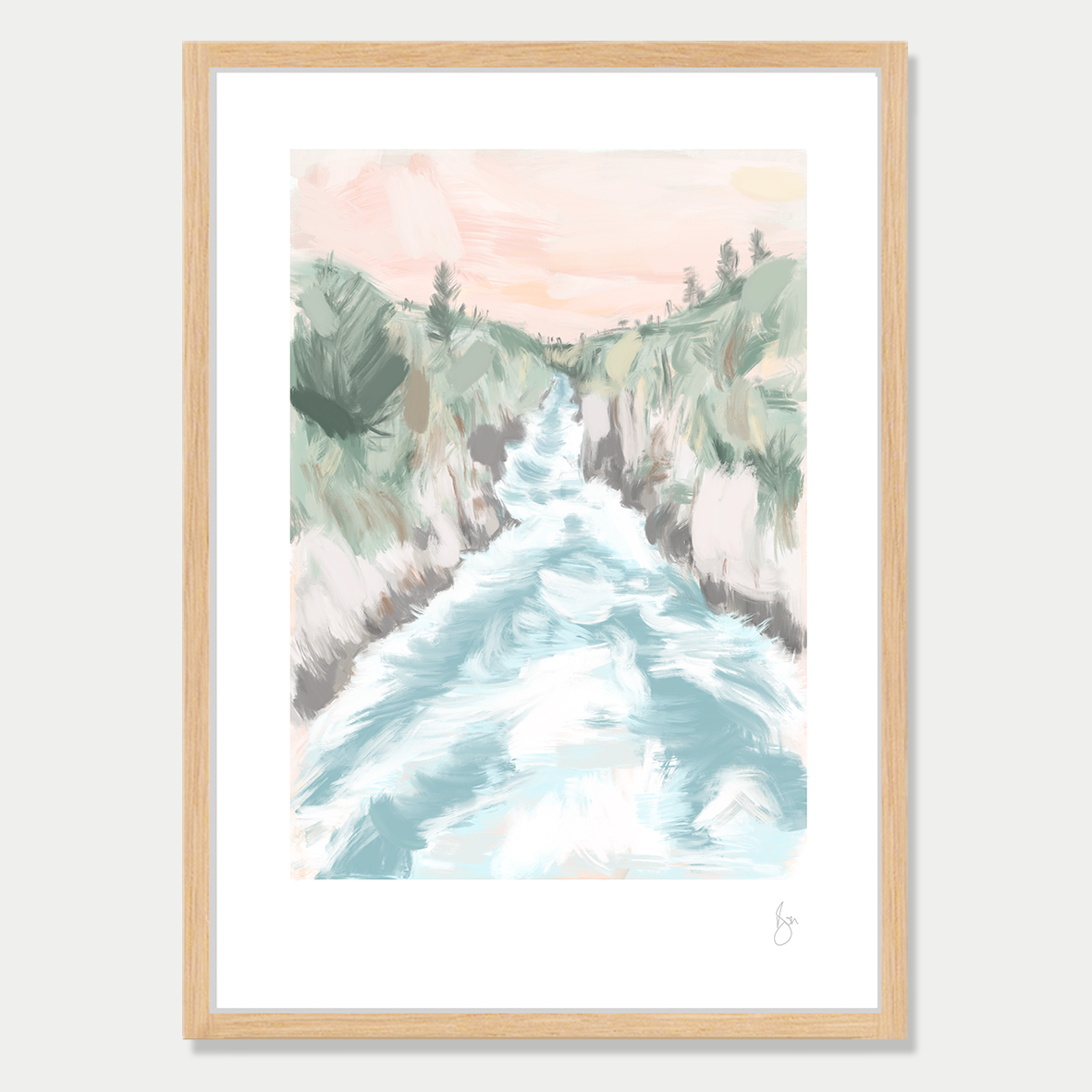 This art print is a still life of a the Huka Falls in New Zealand, by Bon Jung. Printed in New Zealand by endemicworld and framed in raw oak.
