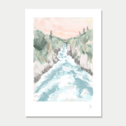 This art print is a still life of a the Huka Falls in New Zealand, by Bon Jung. Printed in New Zealand by endemicworld.