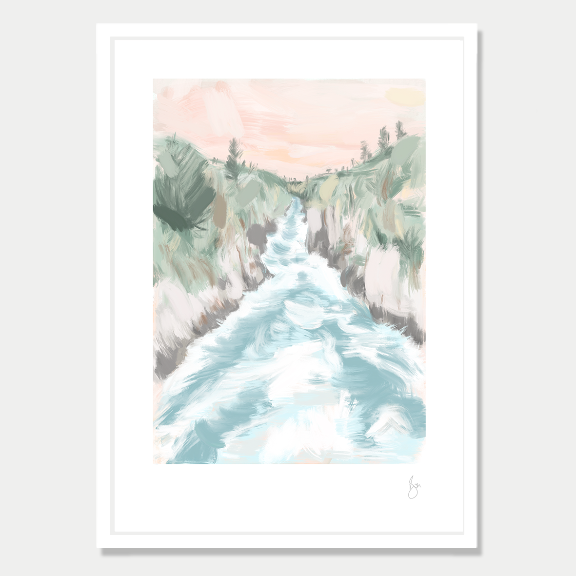 This art print is a still life of a the Huka Falls in New Zealand, by Bon Jung. Printed in New Zealand by endemicworld and framed in white.