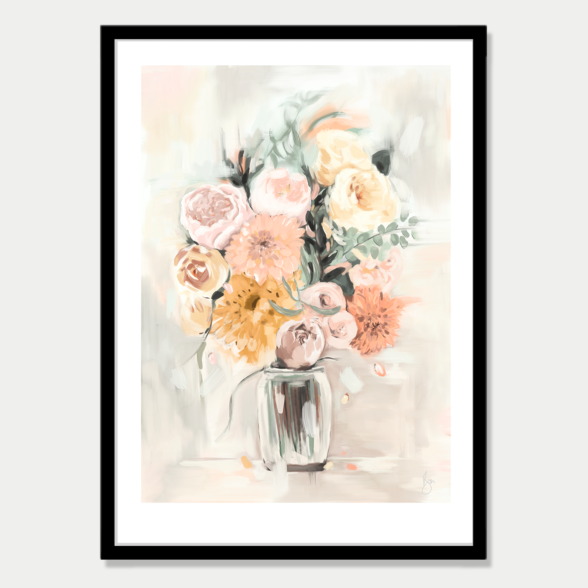 This art print is a still life of a bouquet of flowers in a glass vase, by Bon Jung. Printed in New Zealand by endemicworld and framed in black.