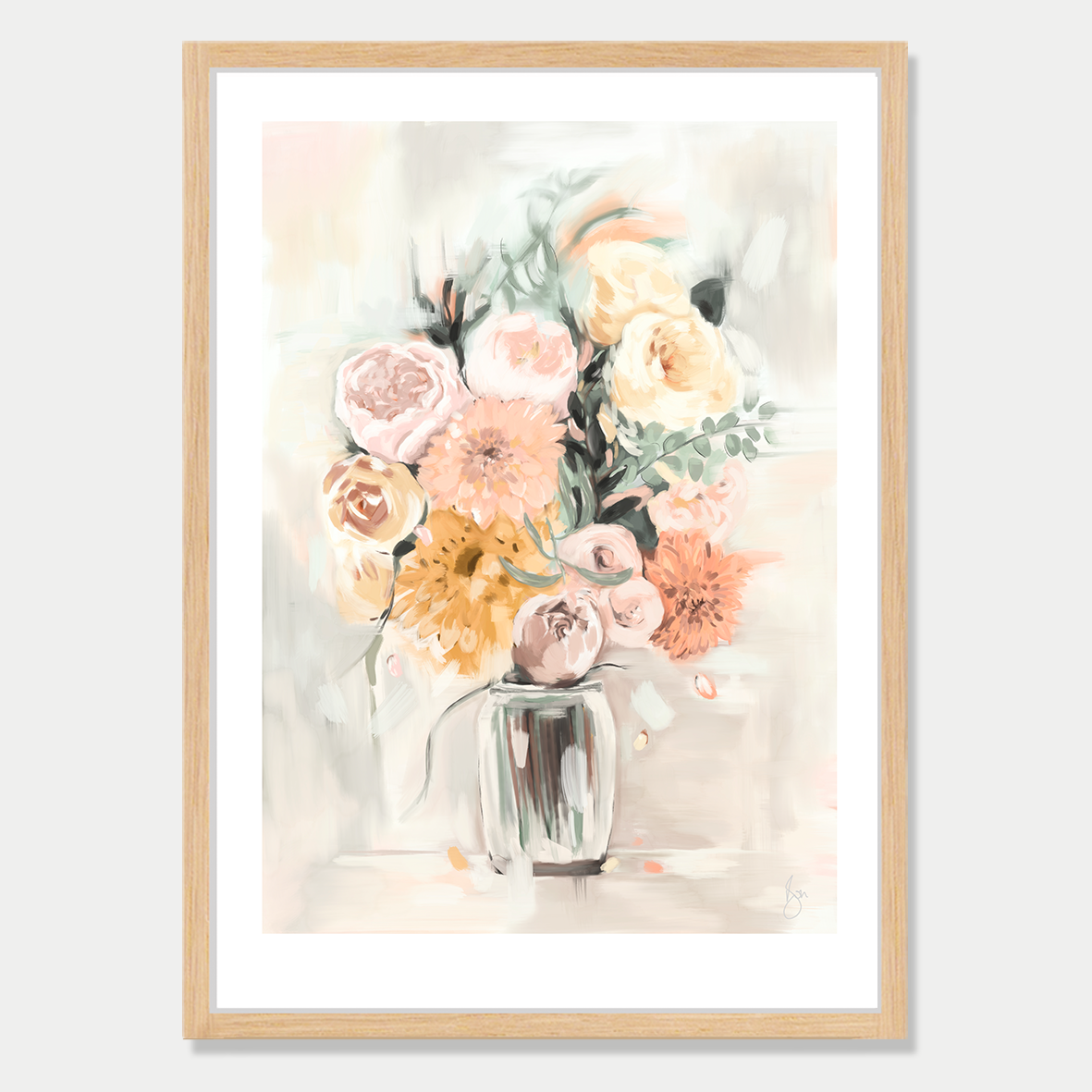 This art print is a still life of a bouquet of flowers in a glass vase, by Bon Jung. Printed in New Zealand by endemicworld and framed in raw oak.