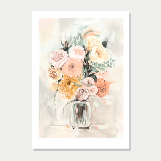 This art print is a still life of a bouquet of flowers in a glass vase, by Bon Jung. Printed in New Zealand by endemicworld.