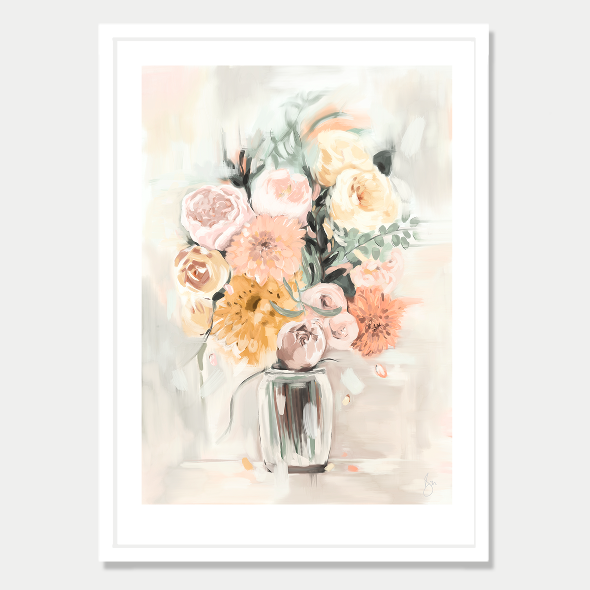 This art print is a still life of a bouquet of flowers in a glass vase, by Bon Jung. Printed in New Zealand by endemicworld and framed in white.