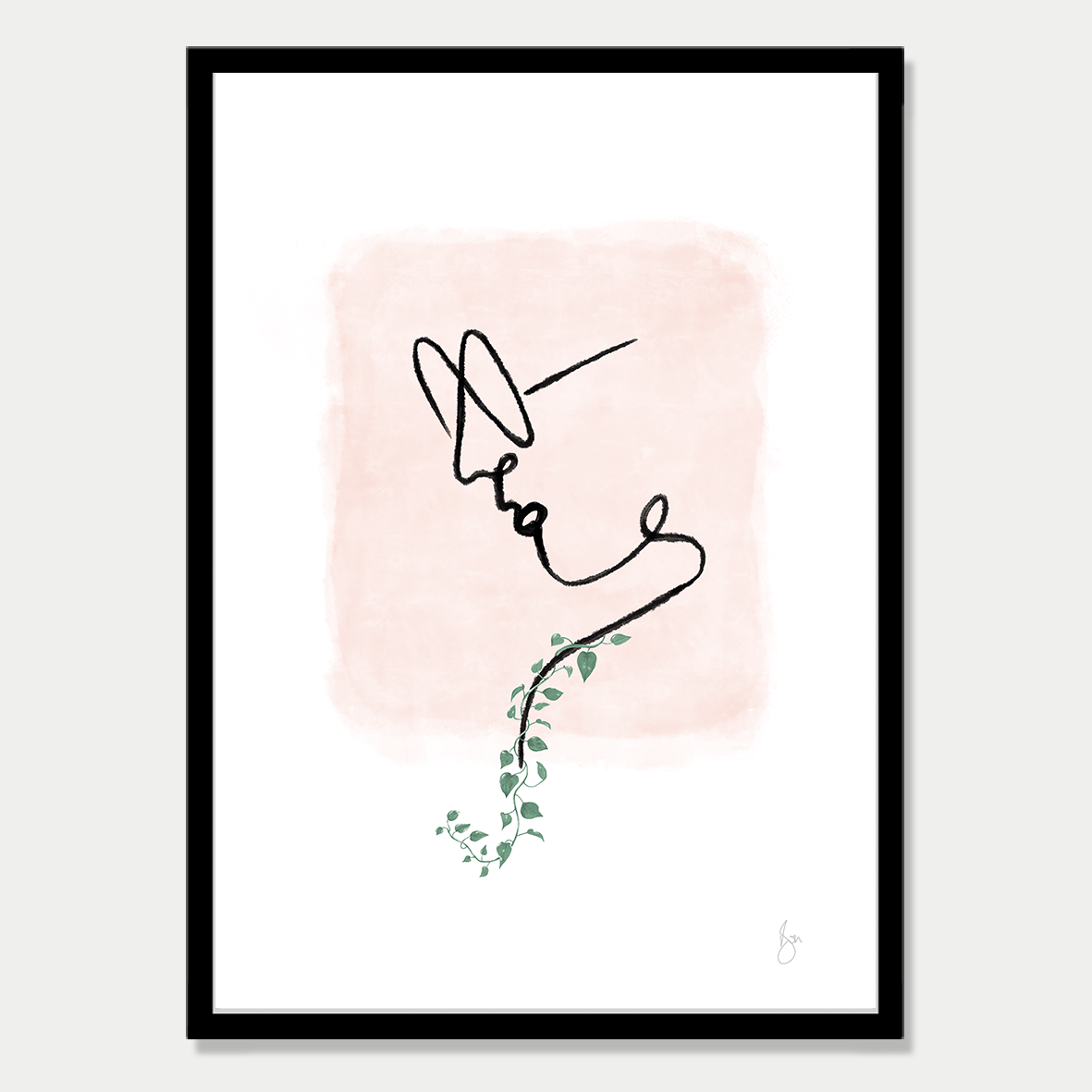 This art print is a line drawing on a woman wearing large glasses and has a single vine growing from her shoulder, by Bon Jung. Printed in New Zealand by endemicworld and framed in black.