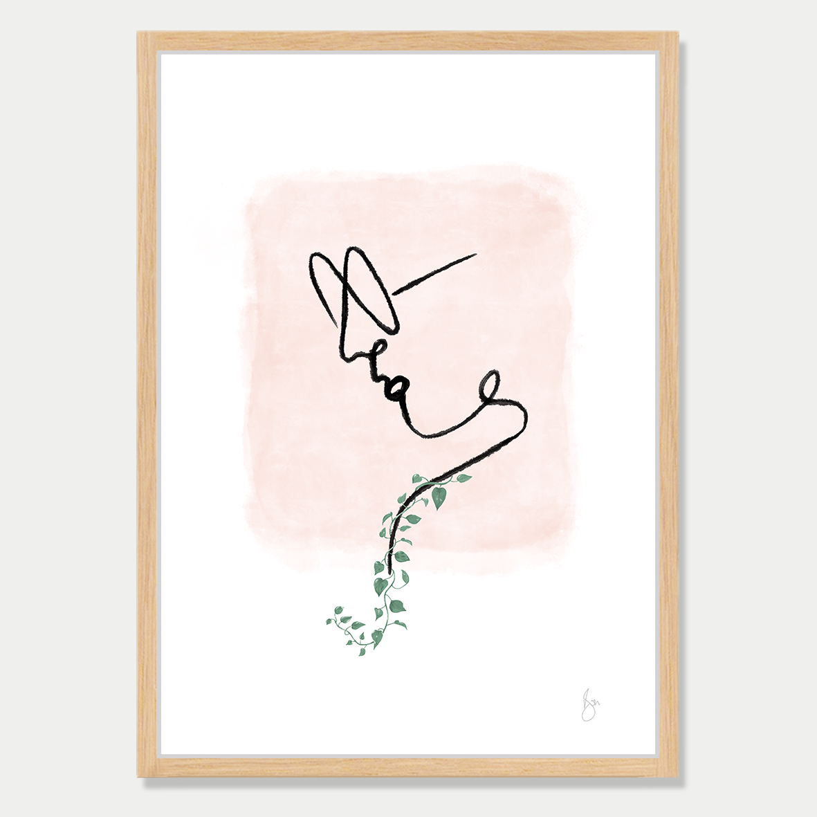 This art print is a line drawing on a woman wearing large glasses and has a single vine growing from her shoulder, by Bon Jung. Printed in New Zealand by endemicworld and framed in raw oak.