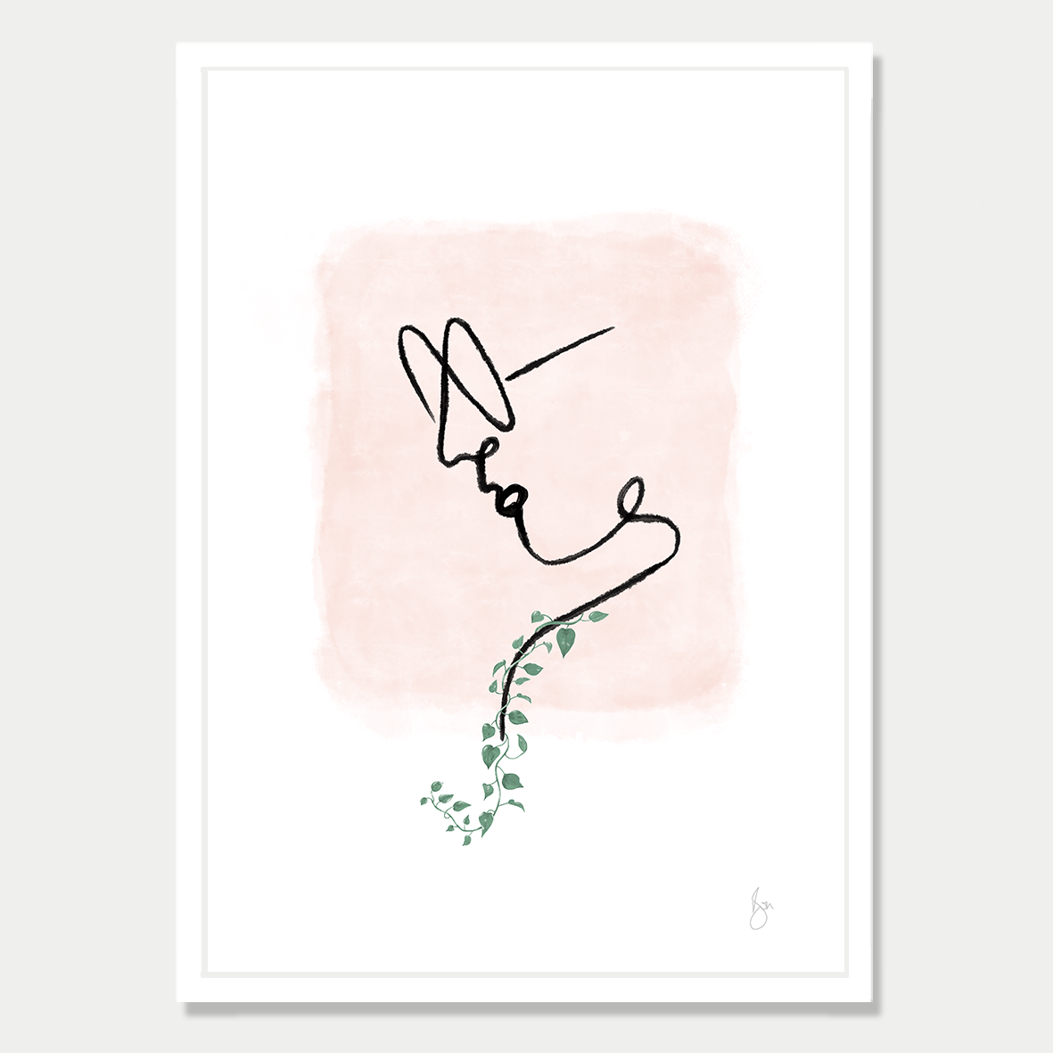 This art print is a line drawing on a woman wearing large glasses and has a single vine growing from her shoulder, by Bon Jung. Printed in New Zealand by endemicworld and framed in whilte.