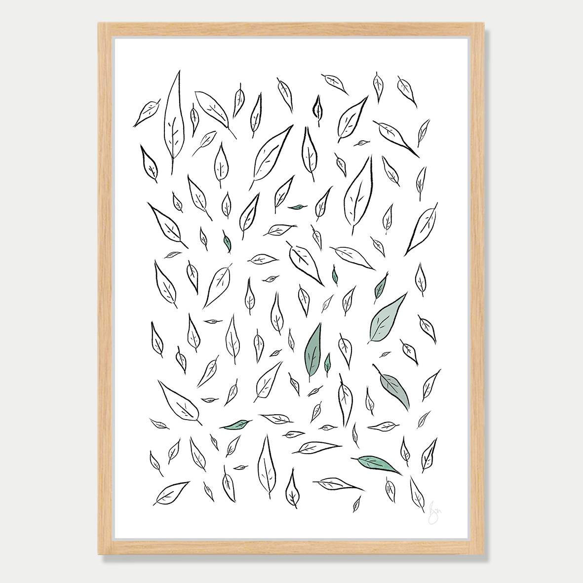 This art print is a playful minimal illustration of leaves, by Bon Jung. Printed in New Zealand by endemicworld and framed in raw oak.