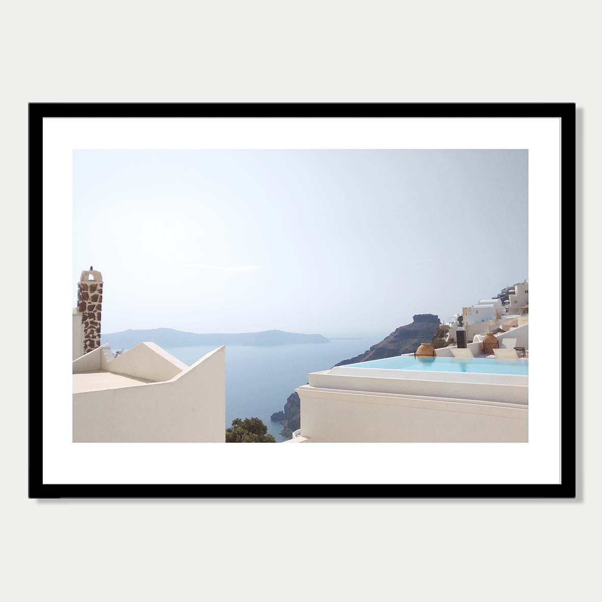 Infinity Pool and Beautiful View - Still Life in Santorini, Greece, Photographic Art Print in a Skinny Black Frame