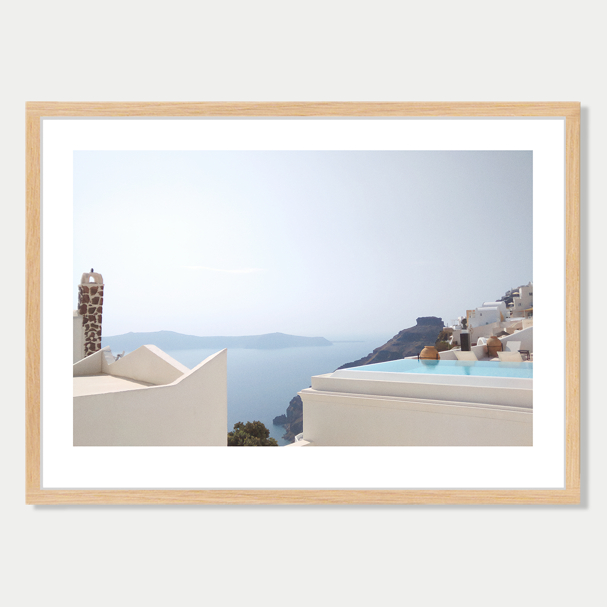 Infinity Pool and Beautiful View - Still Life in Santorini, Greece, Photographic Art Print in a Skinny Raw Frame