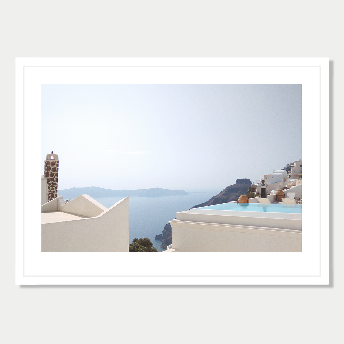 Infinity Pool and Beautiful View - Still Life in Santorini, Greece, Photographic Art Print in a Skinny White Frame