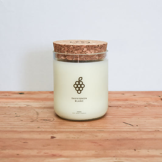 Scented Soy Wax Candle, Sauvignon Blanc. Hand poured in recycled glass by the Remarkable Candle Company in Alexandra, New Zealand.