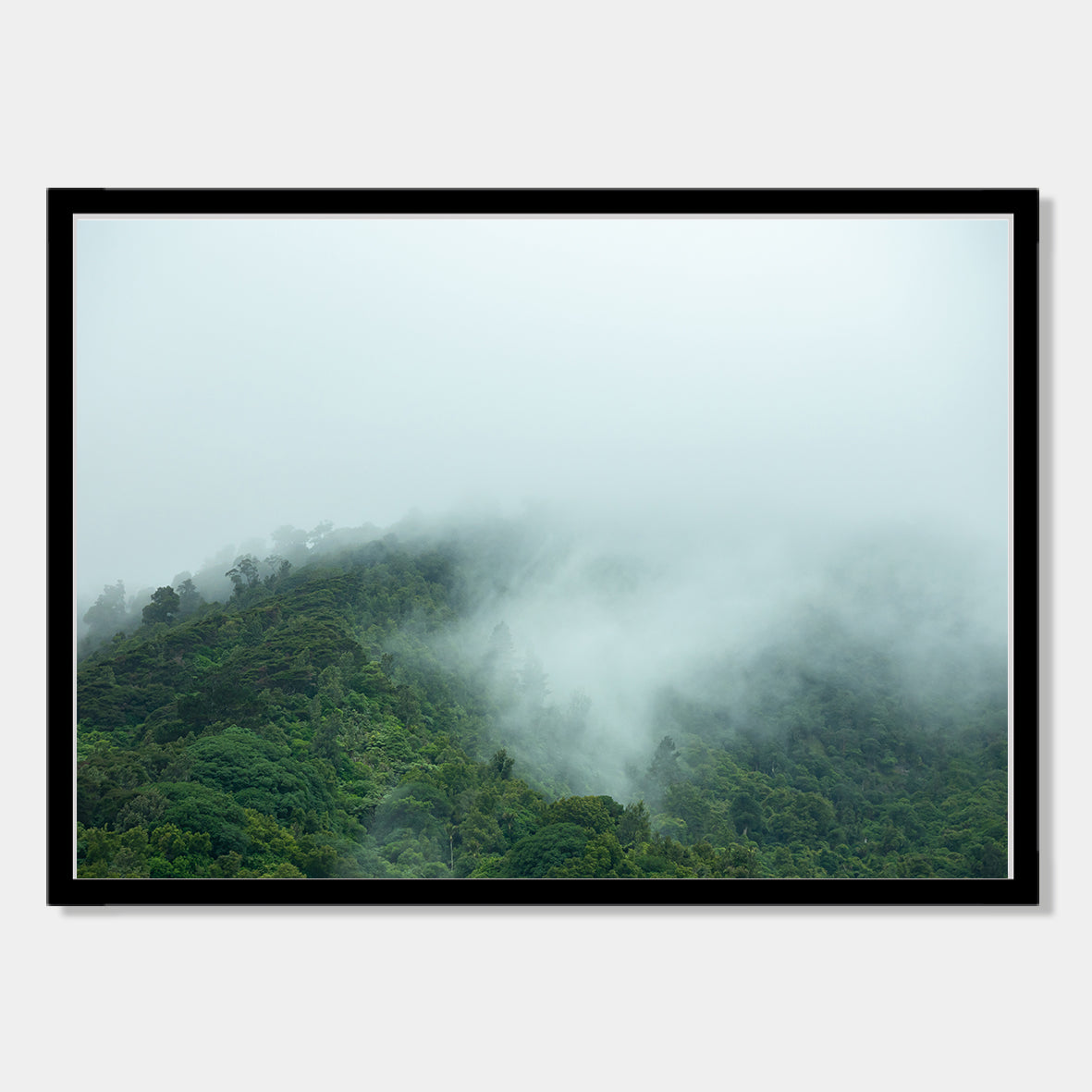 Photographic Art Print of hill side shrouded in mist, Te Aroha, New Zealand by Chris Starkey. Printed in New Zealand by endemicworld and framed in black.