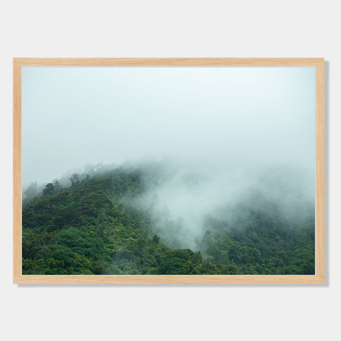 Photographic Art Print of hill side shrouded in mist, Te Aroha, New Zealand by Chris Starkey. Printed in New Zealand by endemicworld and framed in raw oak.
