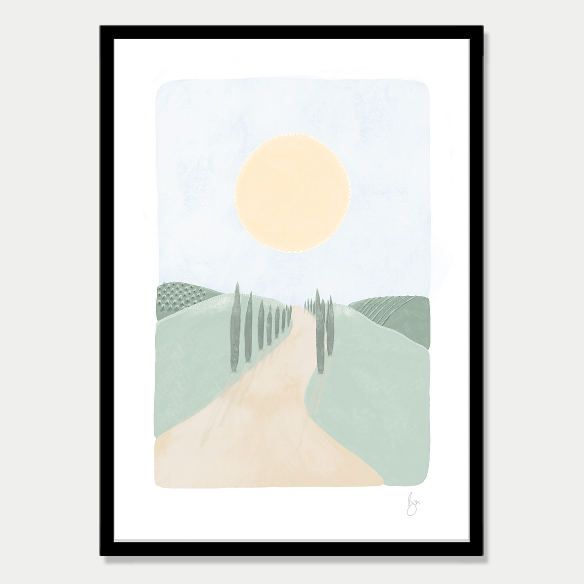 Art print of the Tuscan countryside with a large sun, by Bon Jung. Printed in New Zealand by endemicworld and framed in black.