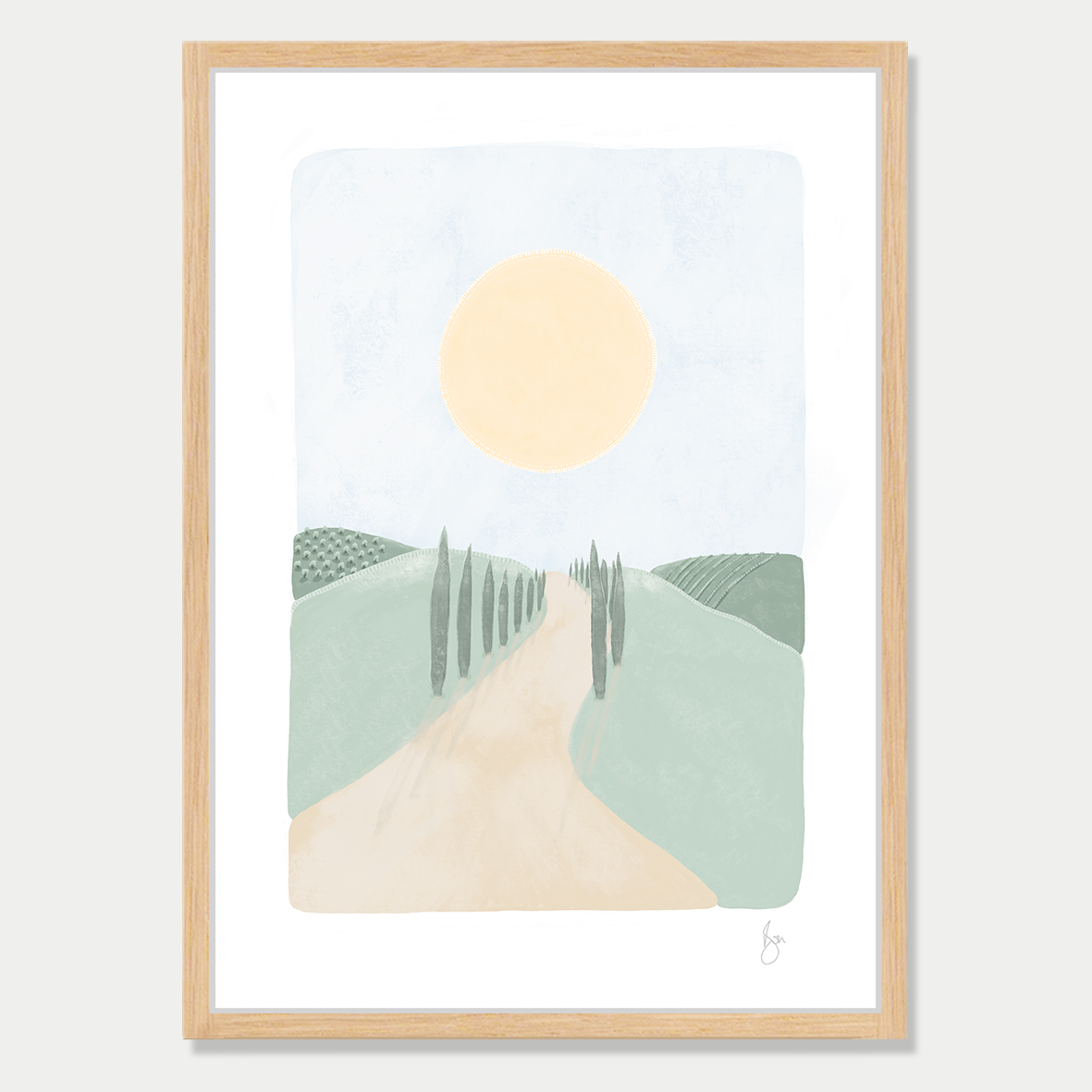Art print of the Tuscan countryside with a large sun, by Bon Jung. Printed in New Zealand by endemicworld and framed in raw oak.