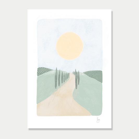 Art print of the Tuscan countryside with a large sun, by Bon Jung. Printed in New Zealand by endemicworld.