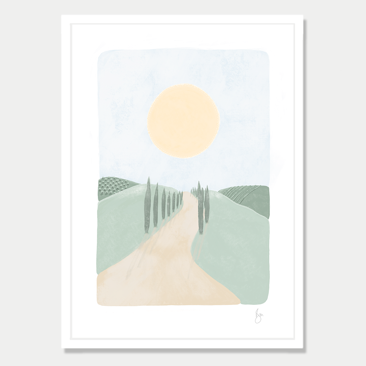 Art print of the Tuscan countryside with a large sun, by Bon Jung. Printed in New Zealand by endemicworld and framed in white.