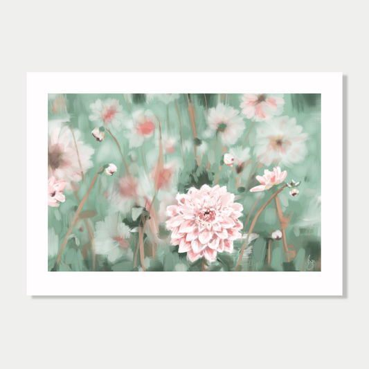 This art print is a still life of wild dahlia flowers, by Bon Jung. Printed in New Zealand by endemicworld.