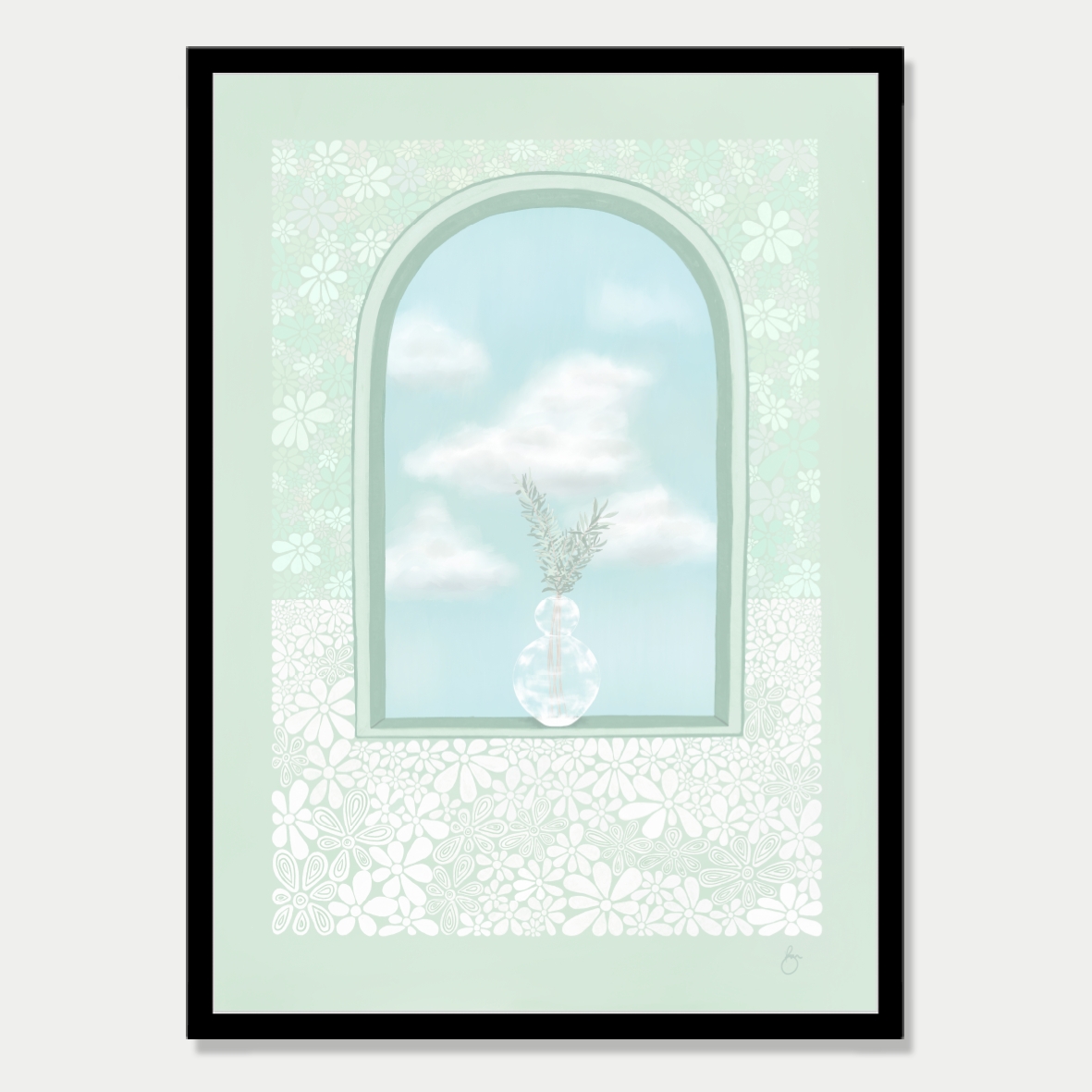 Art print of an arched window with a plant sitting in it and a view of fluffy clouds, in a pastel mint colour palette, by Bon Jung. Printed in New Zealand by endemicworld and framed in black.