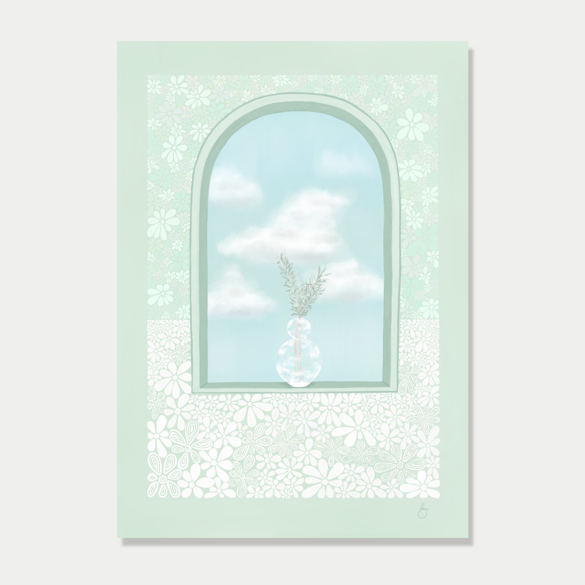 Art print of an arched window with a plant sitting in it and a view of fluffy clouds, in a pastel mint colour palette, by Bon Jung. Printed in New Zealand by endemicworld.