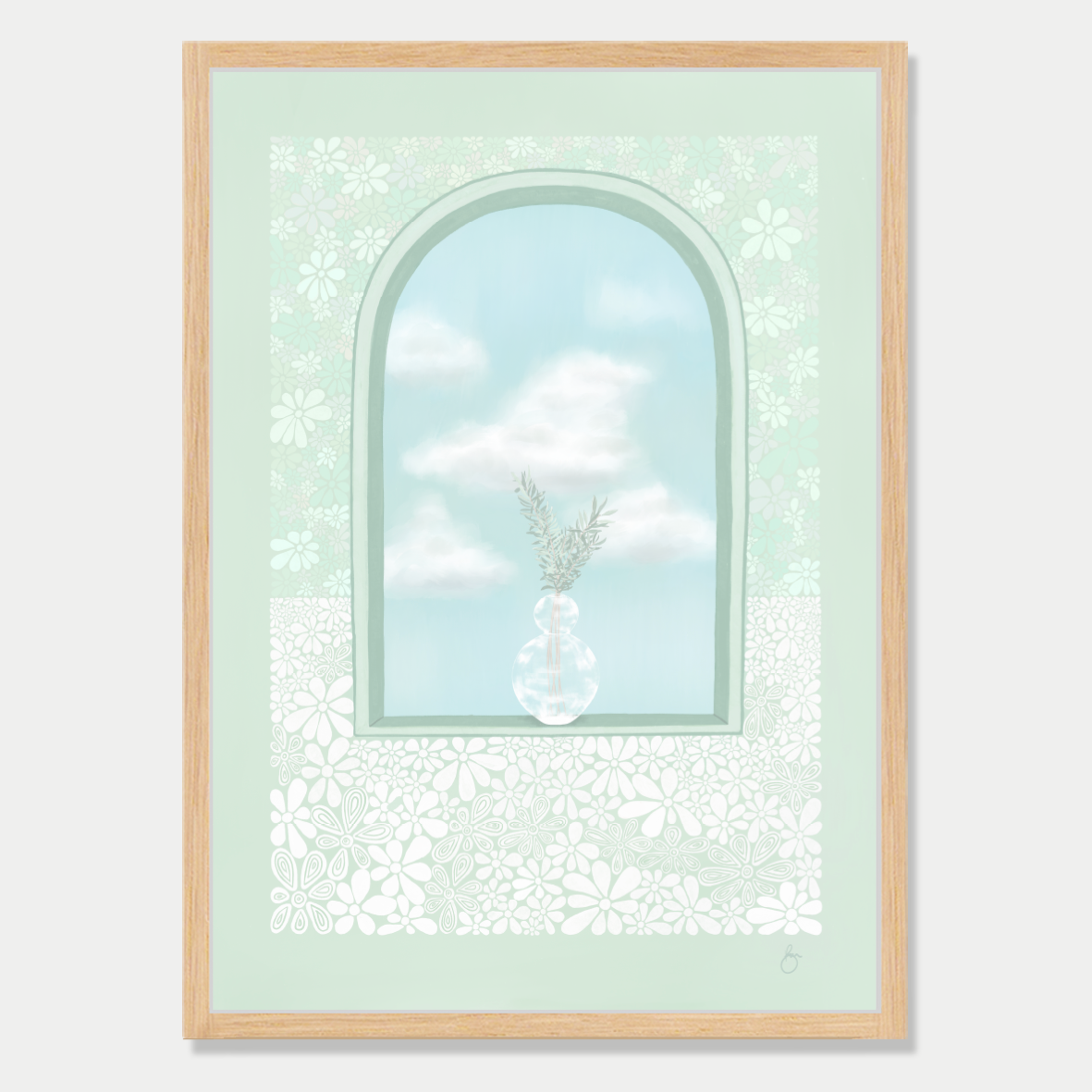 Art print of an arched window with a plant sitting in it and a view of fluffy clouds, in a pastel mint colour palette, by Bon Jung. Printed in New Zealand by endemicworld and framed in raw oak.
