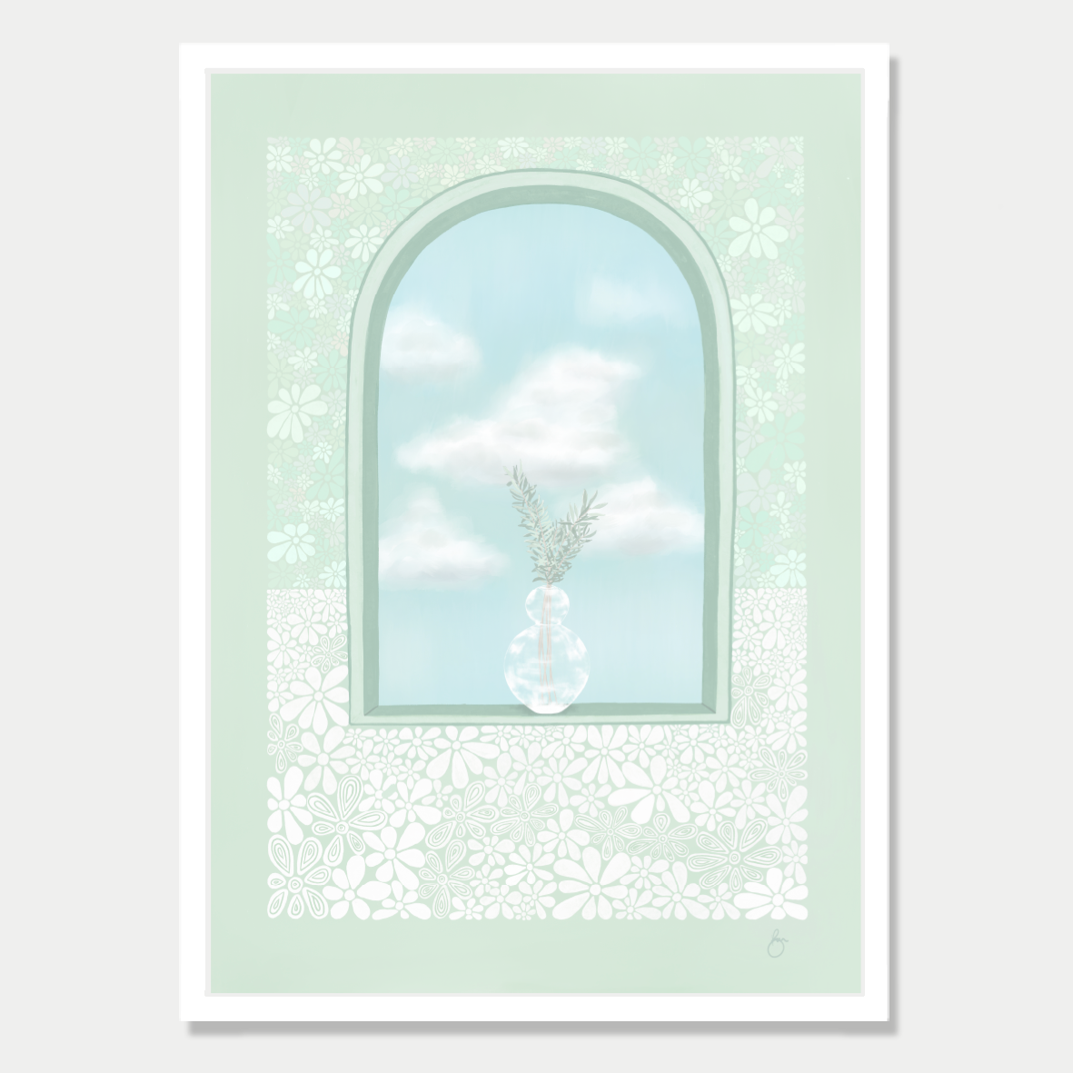 Art print of an arched window with a plant sitting in it and a view of fluffy clouds, in a pastel mint colour palette, by Bon Jung. Printed in New Zealand by endemicworld and framed in white.